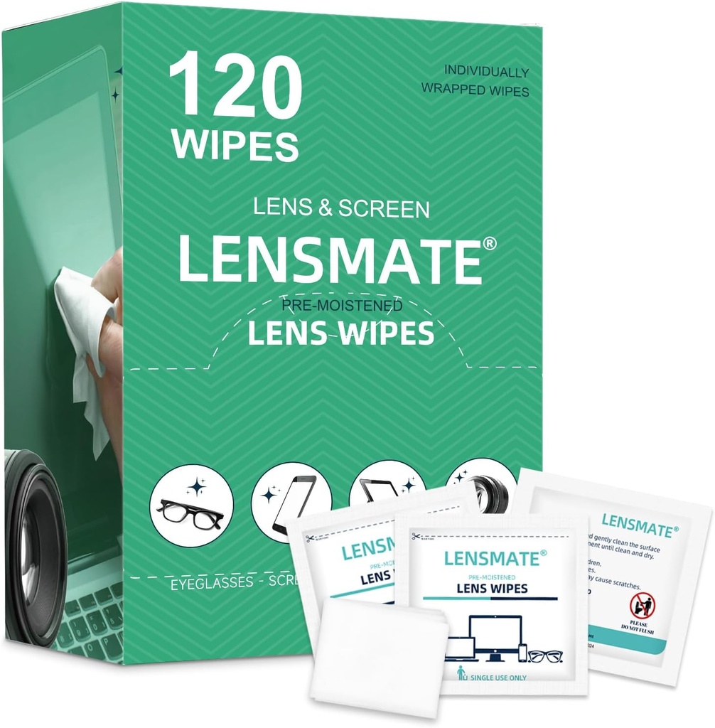 Lensmate 120 Count Lens Wipes for Eyeglasses, Pre-Moistened & Individually Wrapped Eyeglass Wipes, Lens Cleaning Wipes for Eyeglasses, Sunglasses, Goggles and Camera Lens