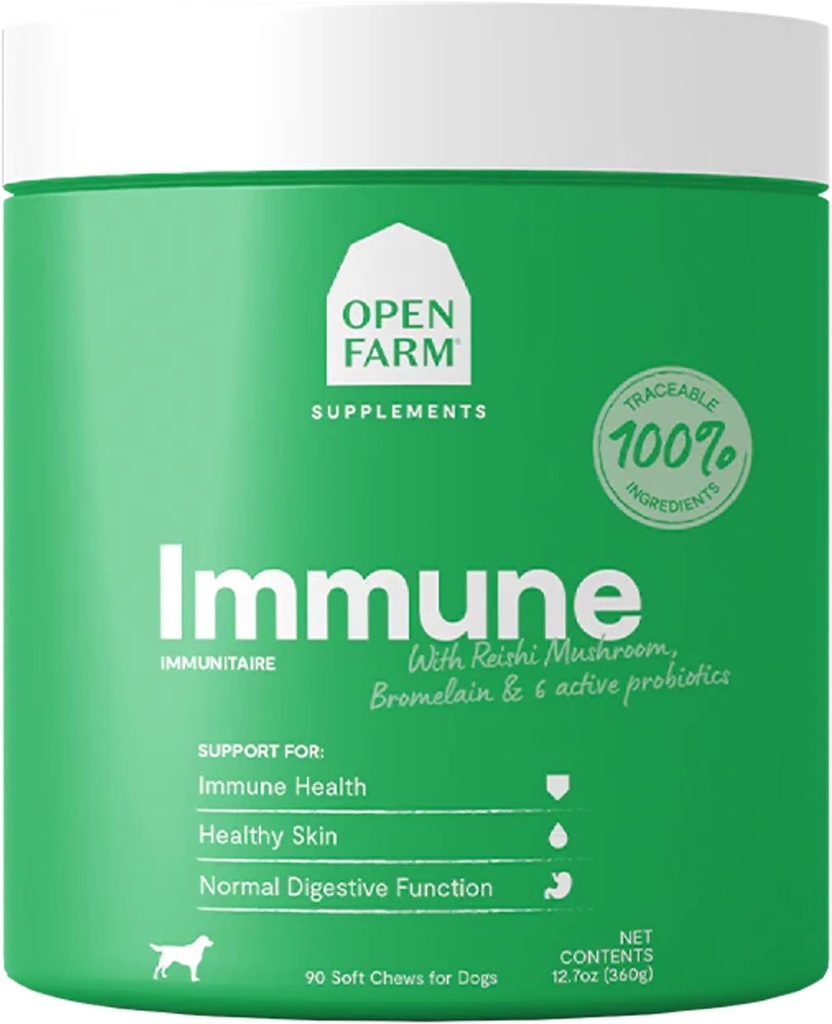 Open Farm Immune Chews, כלב תוספת עם צמחי מבוסס צמחים ופרוביוטיקה עבור Immune & Skin תמיכה, 12.7 oz, 90 Count