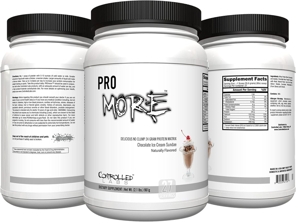 CONTROLLED LABS PROmore Proteine pulbere (27 Servings) - 24g Proteine per scoop - 94% Zahăr-Free, Premium Smooth-Drink Formula (Chocolate Ice Cream Sundae) (27 Servings, Chocolate Ice Cream Sundae)
