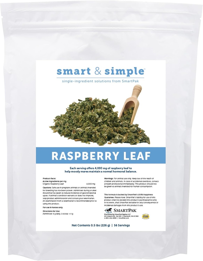 Smart & Simple Raspberry Leaf - 124; Horse Moody Mare - kiegészítés - 124; Organic Whole Leaf - 124; Single Ingredient - 124; Equine - kiegészítés 124; 56 Servings - 124; 0,5 lb - táska