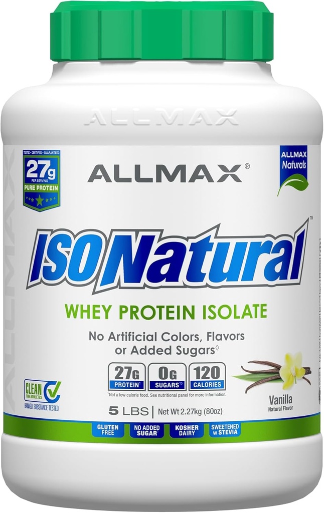ALLMAX 영양 ISONATURAL Whey Protein Isolate, Vanilla - 5 lb - 스코프 당 단백질의 27 그램 - Zero Fat & Sugar - 99 % Lactose Free - Prebiotics - 인공 향료 없음 - 73 서빙