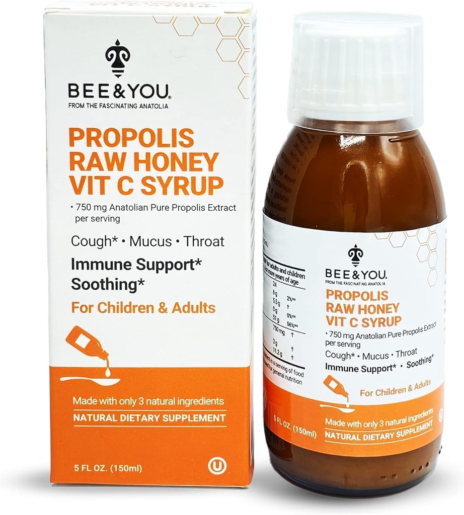 BEE və Siz Propolis özü Cough Syrup w/Vitamin C, Soothing Honey, Natural Immune Support, Sore Throat Yardım, Antioksidlər, Uşaqlar və Yetişkinler üçün 5 Fl Oz, Kişi və Qadınlar üçün