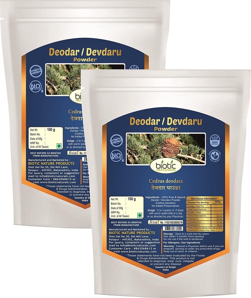 Veena Biotic Deodar 분말 (Cedrus Deodara) Devadaru 분말 - 200 gm (포장 2)