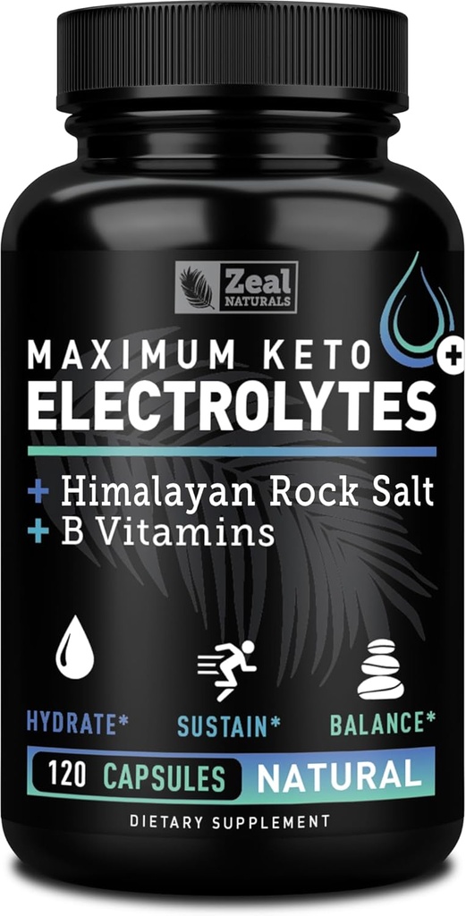 Supplément électrolyte de kéto (120 capsules) Suppléments électrolytes de kéto maximum Pills w sel rose himalayen, vitamine B, supplément de magnésium et de potassium - pilules de sel et comprimés d'électrolyte