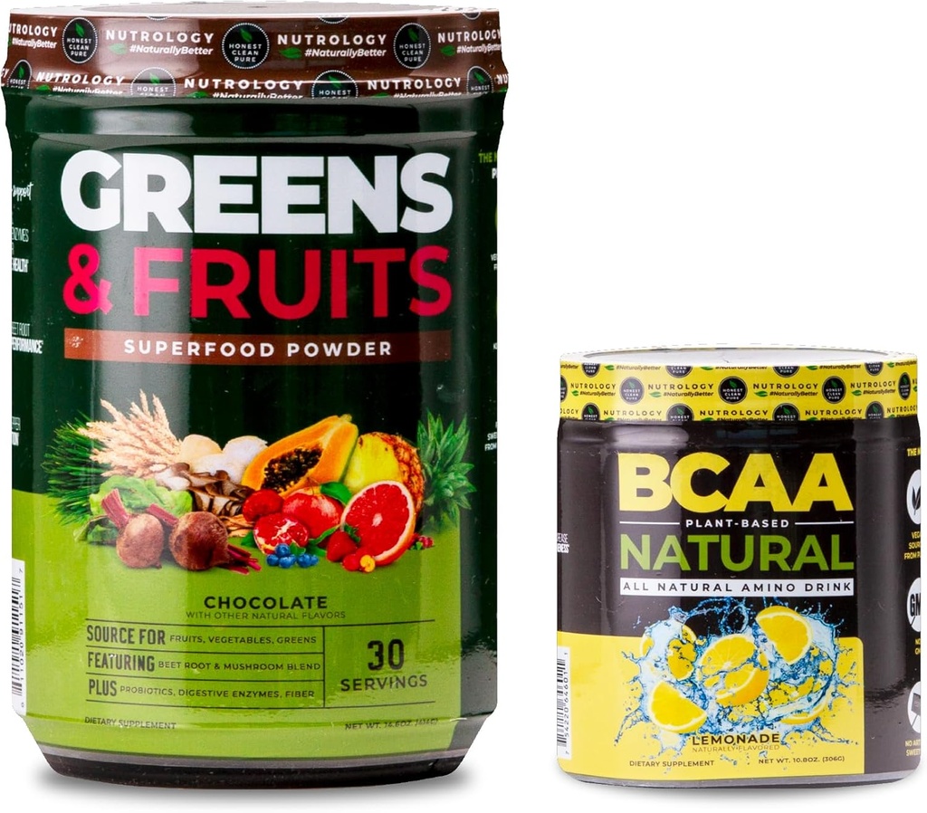Nutrology Greens&Fruits Powder-Naturally Sourced Superfood, Chocolate (30サービング) BCAA Natural, Plant based BCAA Powder, Lemonade Flavor (30サービング)