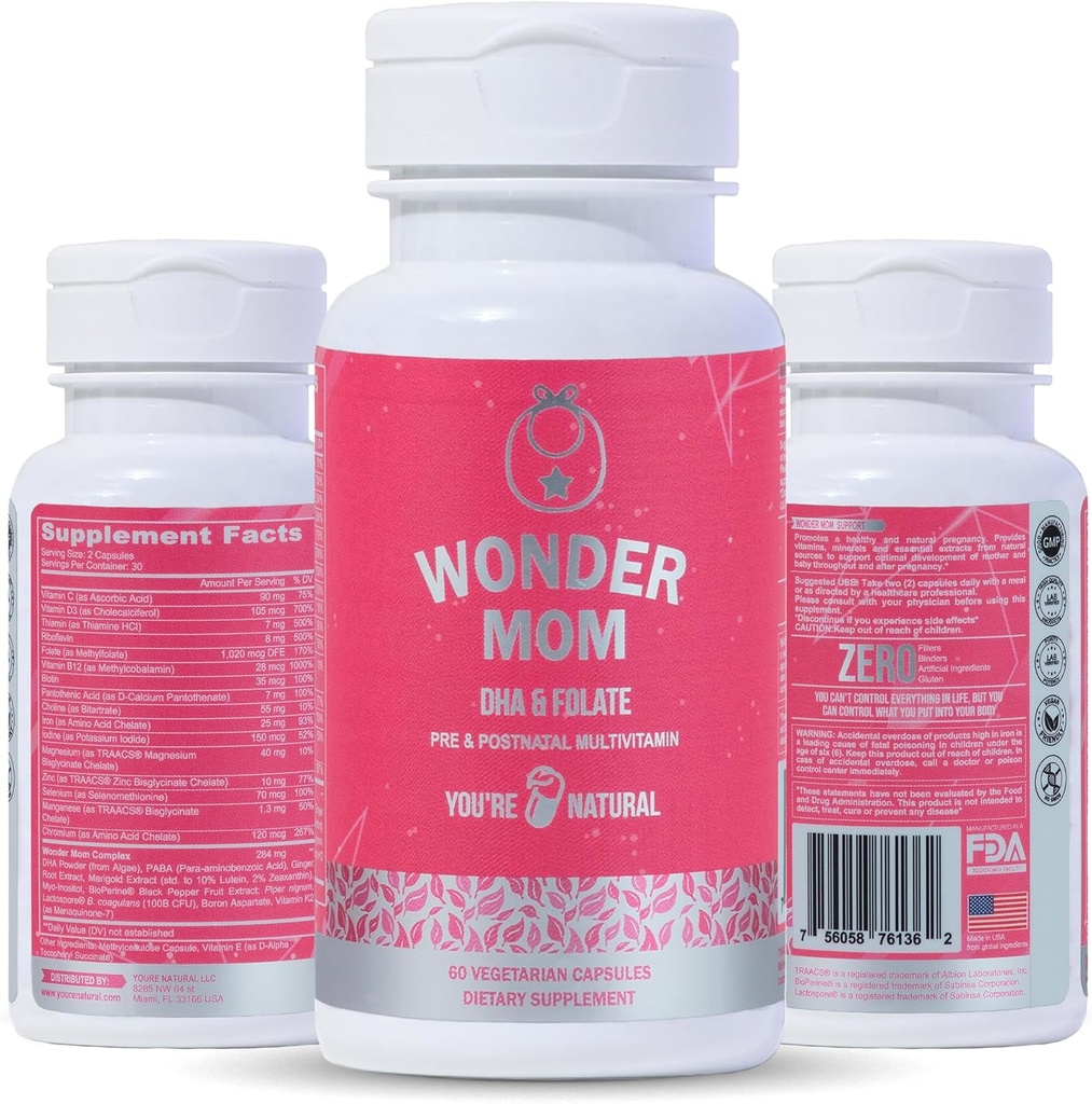 Premium Prenatal & Postnatal Vitaminer: Folat, DHA, Choline, Järn, B12, Multivitamin & Probiotika, Stöder Fetal Brain Development, Graviditet & Postpartum Hälsa, Vegan, Non-GMO, Gluten-Free, 30 dagar