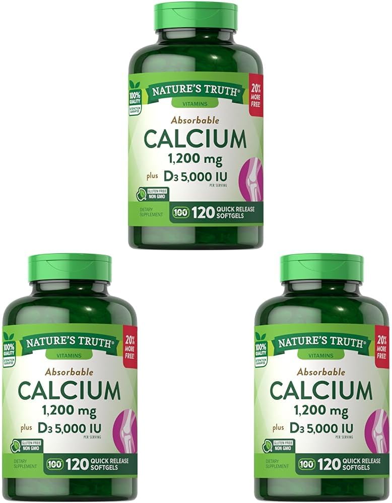 האמת של הטבע: Calcium 1200 מ"ג עם ויטמין D3 5000 IU | 120 Softgels | Calcium Carbonate | Non-GMO Gluten Free Supplement (Pack of 3)