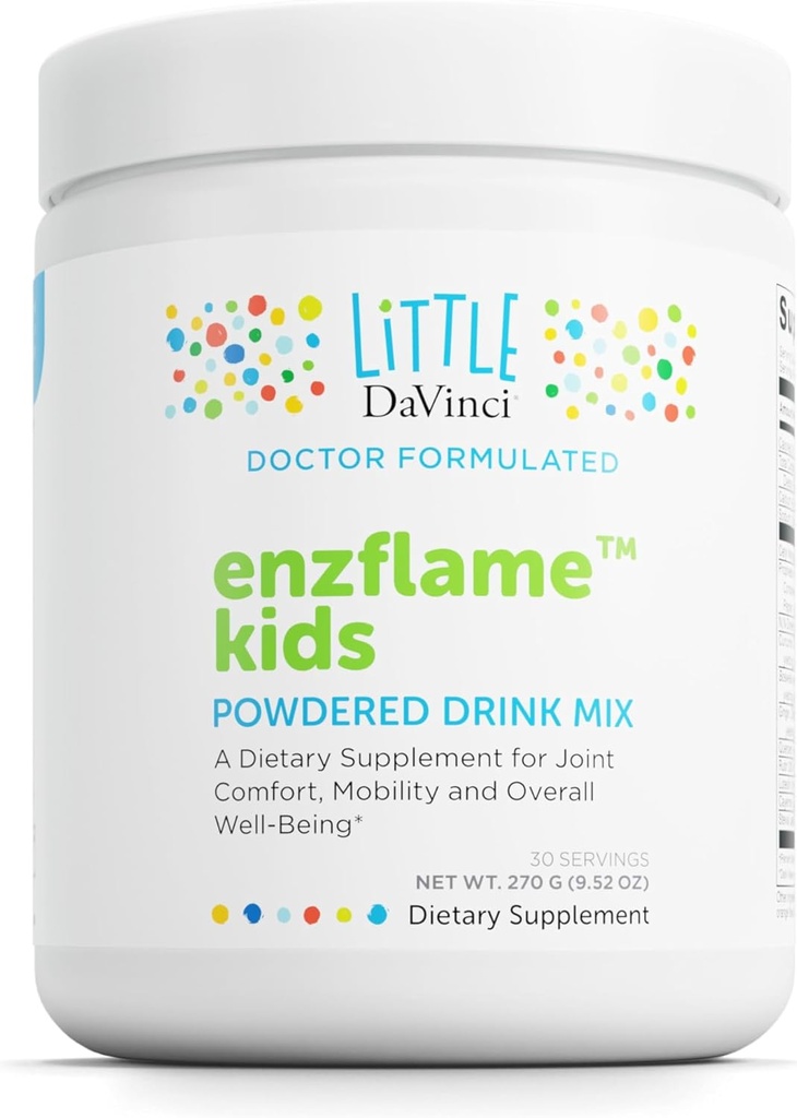 小DaVinci Enzflame Kids - Powder Drinking Mix 补充支持肌肉和联合舒适、流动和免疫健康* - 有钙、钠、酶、DMG和更多 - 橙色火焰 - 30种服务