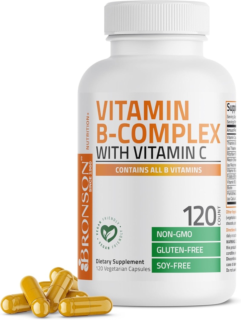 Bronson Vitamin B Complex with Vitamin C - Imune Health, Energy Energy & Nervous System Support - Non-GMO, 120 Vegetarian Capsules