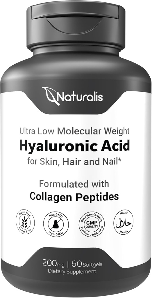 Naturalis Hyaluronic Acid 200mg, 10x Parempi imeytyminen Ultra matalamolekyylipaino Collagen, Biotiini, Selenium & E-vitamiini ... Hiukset, iho, kynnet & nivellisät ... 120 Softgels