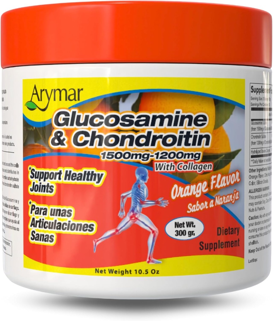 Arymar Glucosamine 1500 mg + Condroitina 1200 mg con collagene – Polvere comune aromatizzata arancio, 300 g