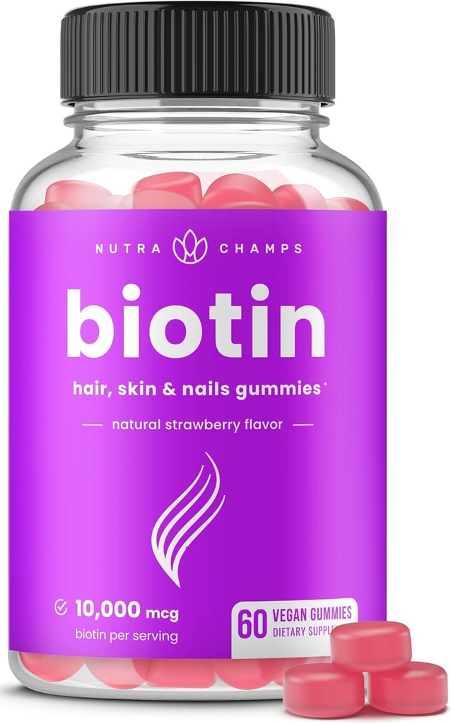 NutraChamps Biotin Gummies 10000mcg [High Potency] tervetele juustele, nahale ja küüntele vitamiinid naistele, meestele ja lastele - 5000mcg iga juuste vitamiinid Gummy - Vegan, Non-GMO, juuste tervise täiendada