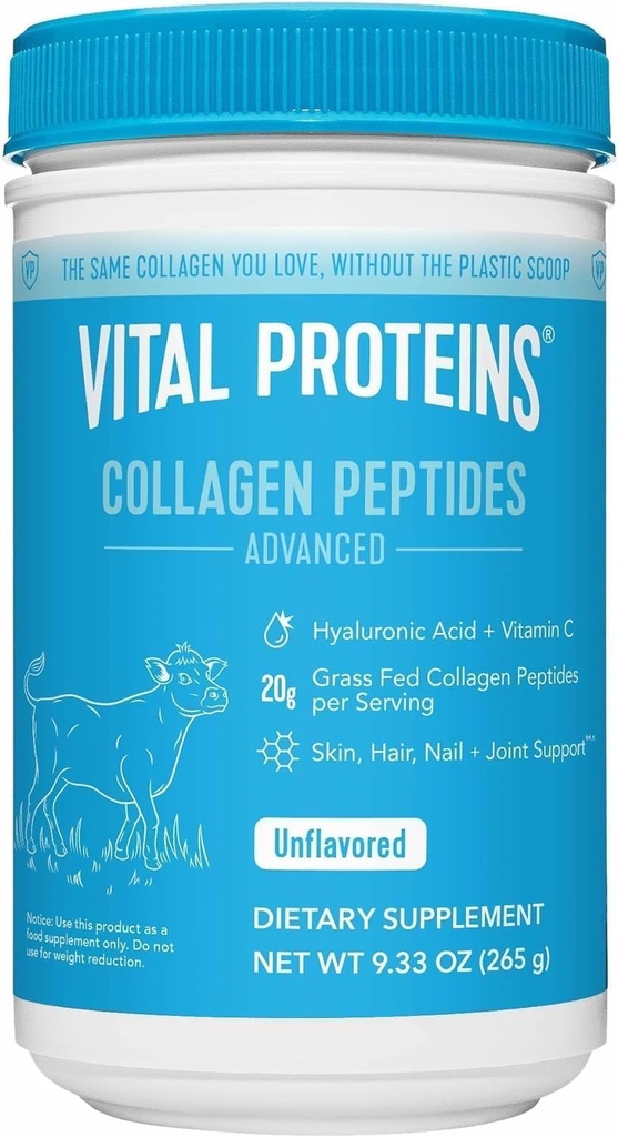Vital Proteins Grass Fed Collagen Powder Supplement Hydrolyzed Peptides with Hyaluronic Acid and Vitamin C - Non-GMO, Dairy & Gluten Free Unflavored, 9.33oz