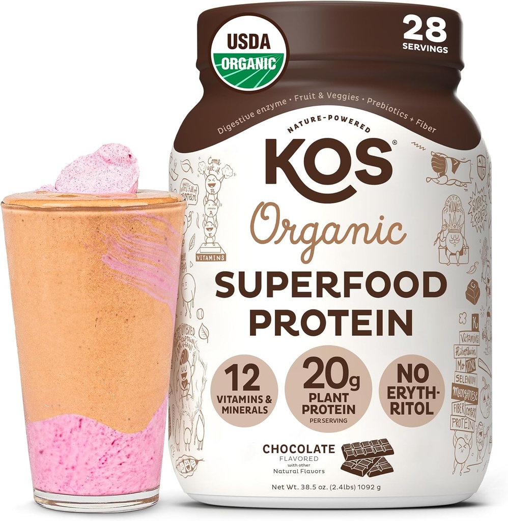 KOS Vegan Protein Powder Erythritol Livre, Chocolate - Organic Pea Protein Blend, planta baseada Superfood rico em vitaminas e minerais - Keto, Dairy Free - substituição de refeições para mulheres e homens, 28 Servings