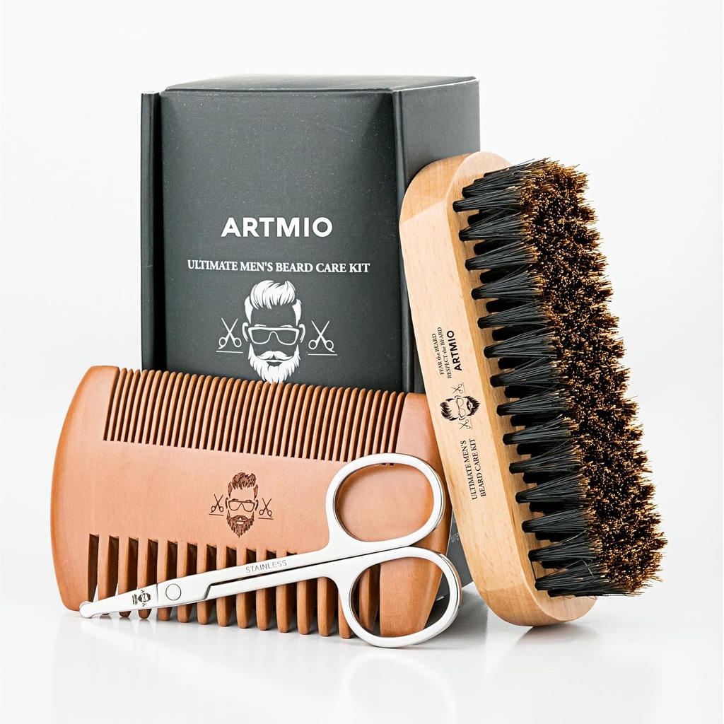 Cepillo de barba, peluquería y tijeras Juego para el cuidado de la barba de los hombres - Cepillo de pelo de bárbara &amp; tijeras de madera &amp; tijeras inox - Peluquerías de barba