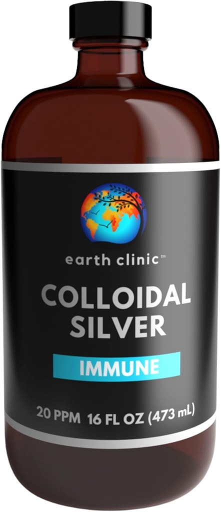 Земельна клініка ® Colloidal Silver 20 PPM, 16oz (473mL), Велика бурштинова скляна пляшка - Immune Support
