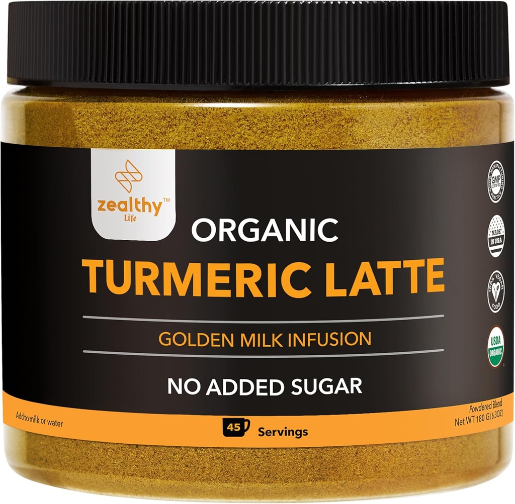 Latte orgánica Turmeric Latte Powder - USDA Certified, Non Engadido Suplemento cúrcuma de azucre con Ceilán Cinnamon, vida Zealthy, 45 Servidos