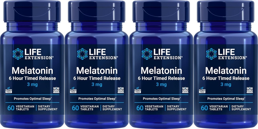Extensión da vida Melatonin 6 Hora de lanzamento 3 mg, 60 tabletas vexetarianas (Pack of 4)