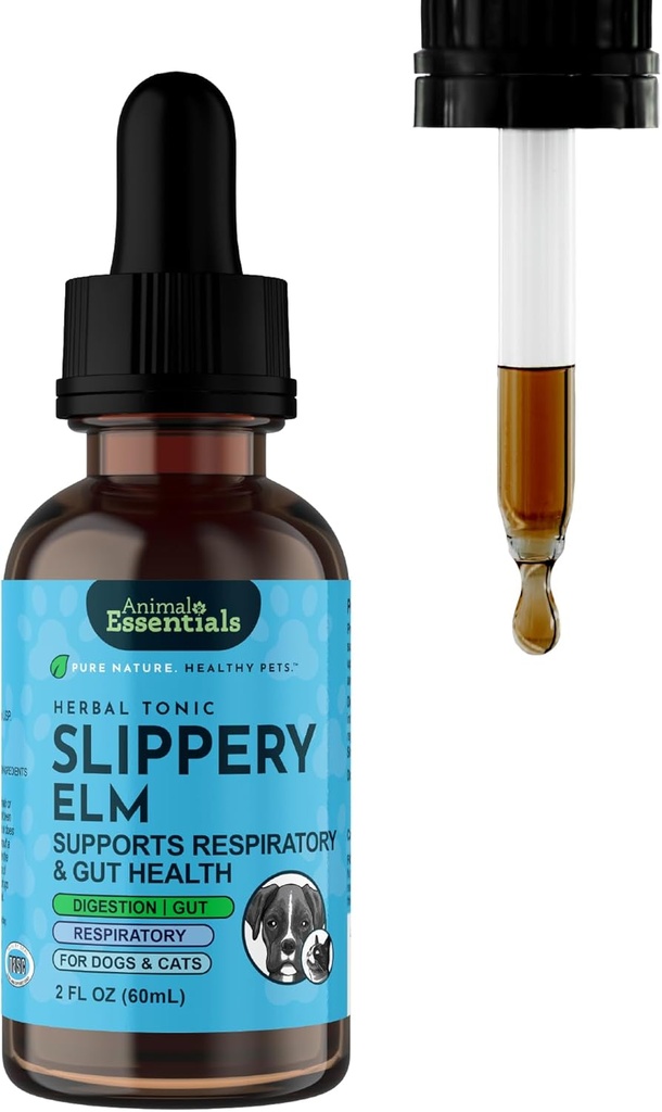 Animal Essentials Slippery Elm - Herbal Extract for Dogs וחתולים, מקדם עיכול בריא, Bowel Function, הצלעות האורגניות, All Natural, Respiratory Health, Formula - 2 Fl Oz