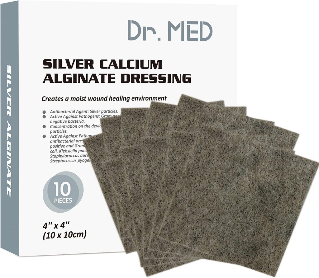 Dr. Med Silver Calcium Alginate Wound Dressing 4''x4'' Patches, 10 Individual Pack High Absorbency Ag Alginate Wound Bandage, Non-Adhesive, Painless Removal Gauze for Bedsore, Ulcers, Skin Abrasions