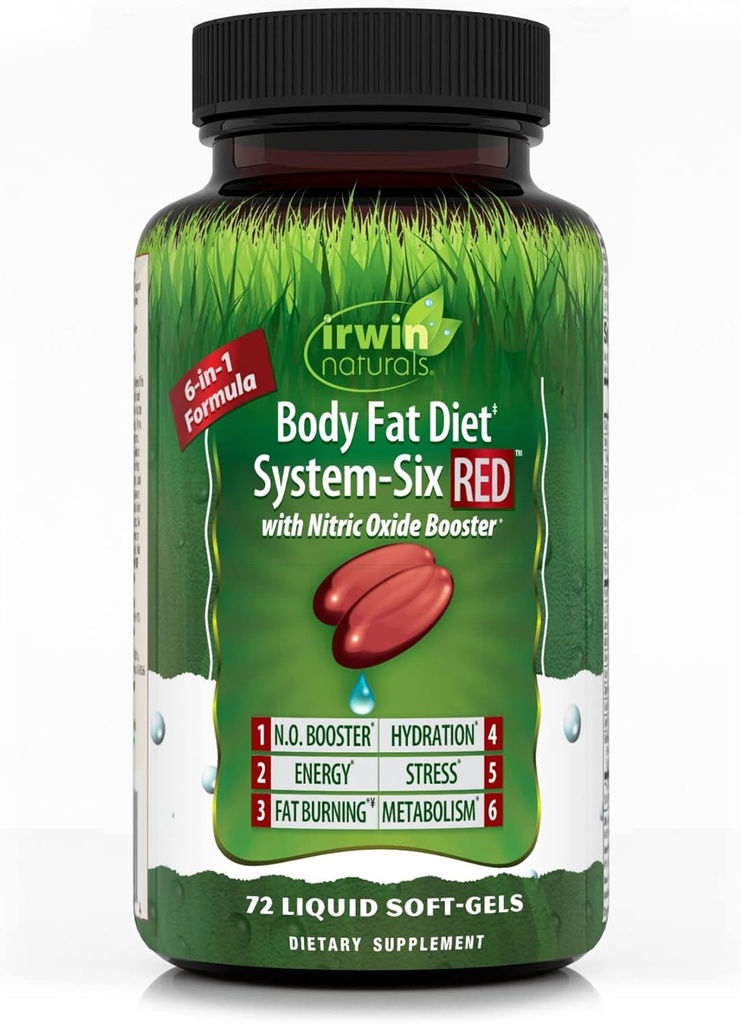 Irwin Naturals Body Fat Diet System- Six RED - 72 Flydende Soft- Gels, 6-in-1 Formel til vægthåndtering med nitrogenoxid Booster - 24 Total Servering