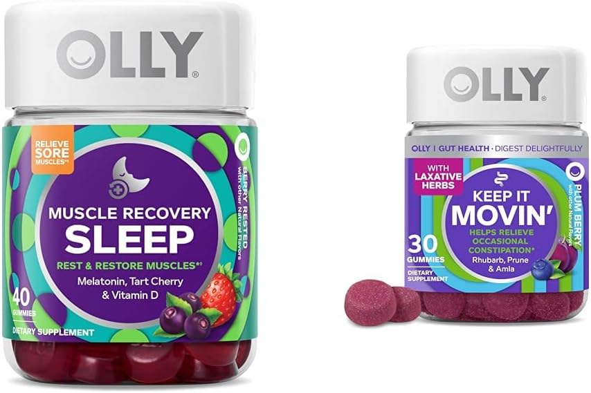 OLLY Muscle Recovery Sleep Gummies Melatonin, Tart Cherry & bitamina D, Rhubarb, Prunes & Amla - 40 & 30 Count