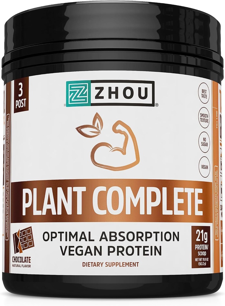 Zhou Plant Complete Vegan Protein Powder - 여성 및 남성을위한 식물 기반 단백질 분말, 비 유제품 쌀 & 완두 혼합 & 향료, 서빙 당 21g 단백질 - 초콜릿, 17.7oz (16 서빙)