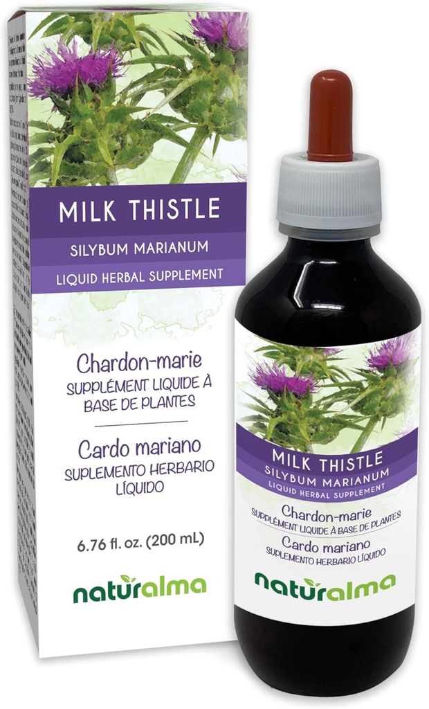 Naturalma Milk Thistle (Silybum marianum) Froito e herba Tintura libre de alcohol - 6.76 fl oz Extracto líquido en gotas - Suplemento de herbas - Vegan