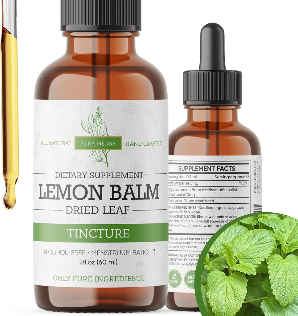 Lemon Balm Tincture – Alcohol-Free   Melissa Officinalis Liquid Extract   Natural cooling " sleep Support   Herbal Stress Relief – 2 oz