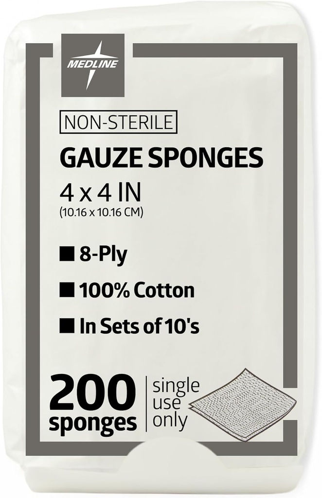 Medline 4 x 4 inch Gaze Spongyák, Non-Sterile 8- Ply Szövött Gaze, 100% pamut, Ideális sebek dressing, sebápolás, általános elsősegély használat, csomag 200