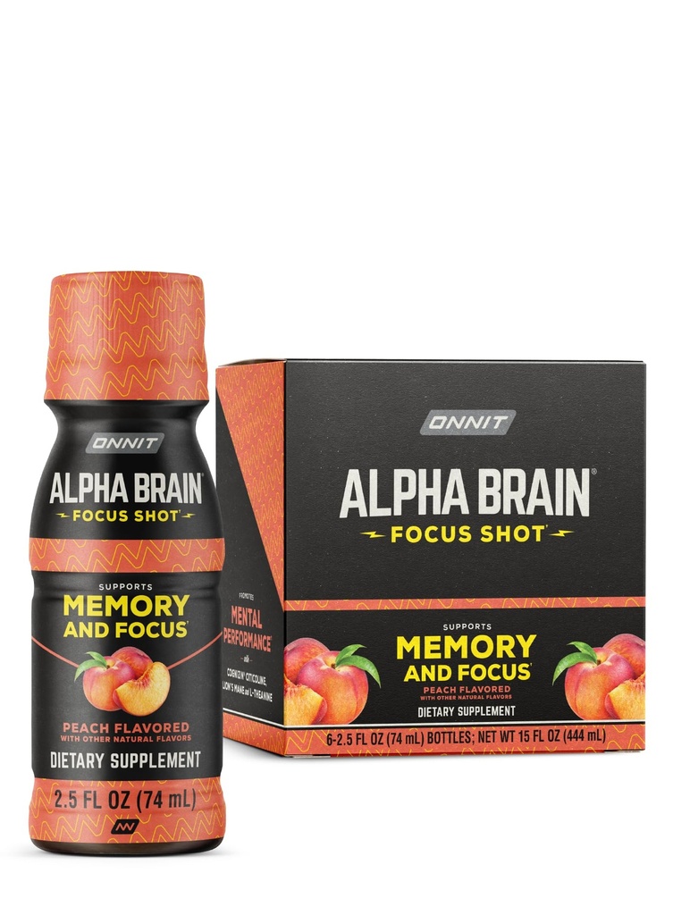 ONNIT Alpha Brain Focus Shot, Peach Flavor, Nootropic Dietary Supplement Drink that Supports Energy, Focus, and Mood, IGEN™ Non-GMO Tested, 2.5 fl oz, 6 Count