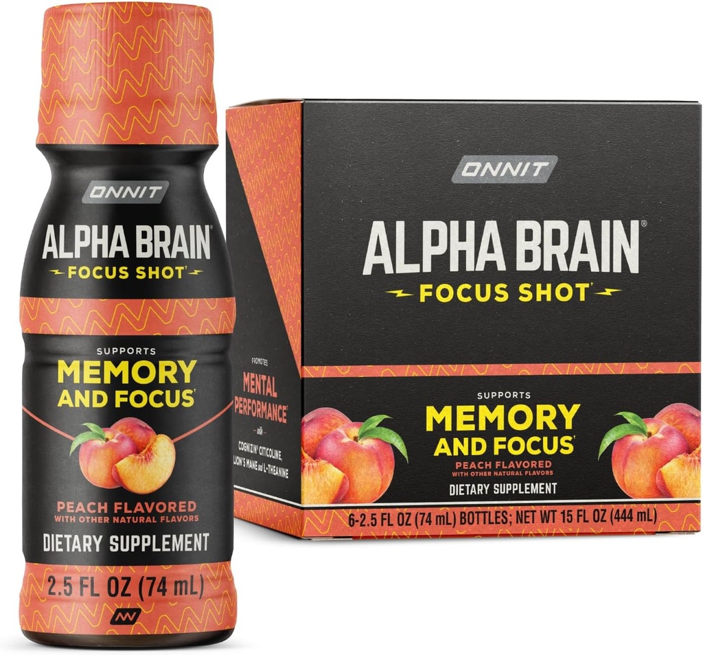 ONNIT Alpha Mozek Focus Shot, Peach Flavor, Nootropic Dietní dodatek nápoj, který podporuje energii, Focus, a Mood, IGEN ™ Non- GMO Testováno, 2.5 fl oz, 6 Počet