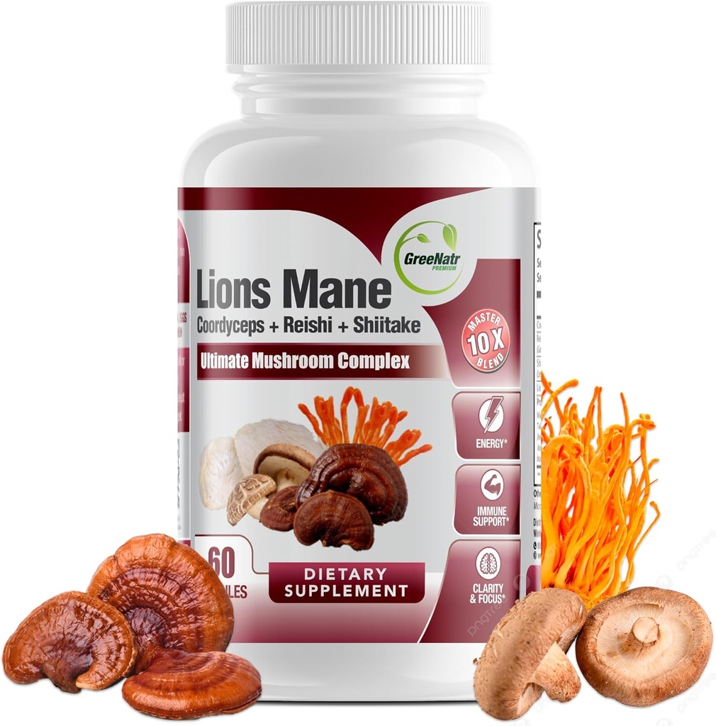 GreeNatr Complete Mushroom Supplement -10 in 1 Complex kanssa Lions Mane, Cordyceps, Shiitake, Chaga, Turkey Tail varten Immuuni tuki, muisti, Focus & Natural Energy Booster - 60 kapselia (1 pullo)