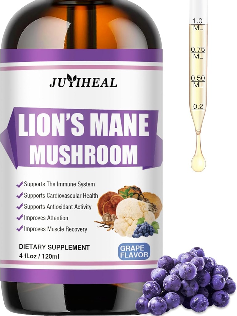 Lions Mane Liquid - Мозъчна поддръжка, енергия, памет и фокус - Sugar & Alcohol-Free Lions Mane Appliment - 4 Fl OZ, 4 Month Supply, Grape Flavor