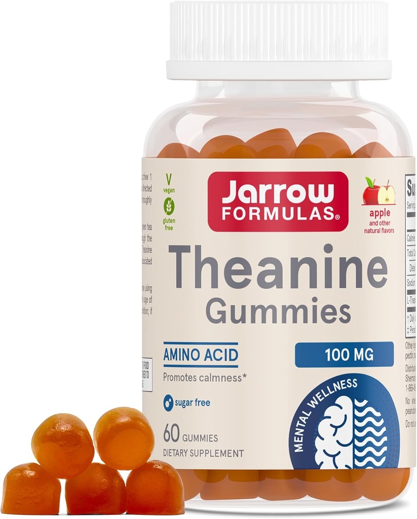 Jarrow Formulas® Theanine 100 mg Gummies, kosttillskott som främjar lugn, 60 Apple-Flavored Gummies, 60 Day Supply