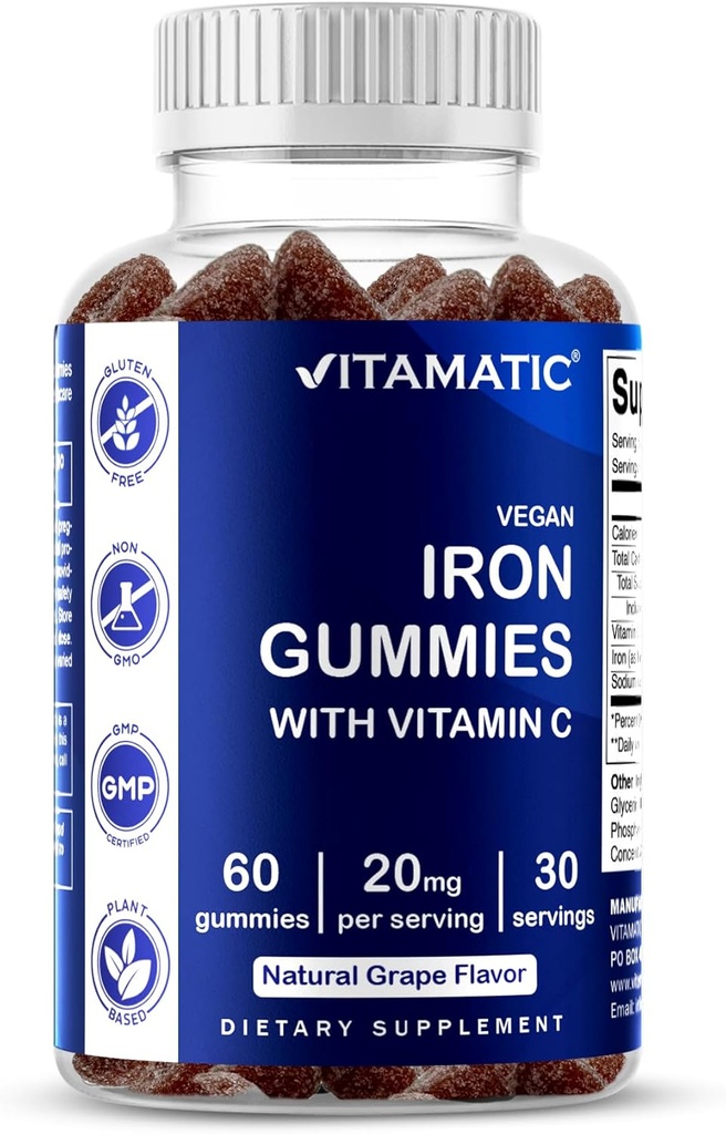 Vitamatic Iron Gummies supplement for Women ' Men - 20mg Serving - 60 Vegan Gummies - Great Tasting Iron Gummy Vitamins with Vitamin C (60 count (Pack of 1))
