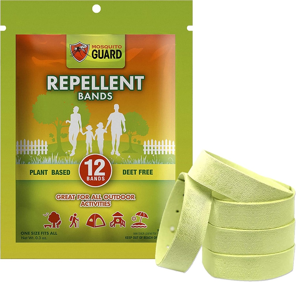 Mosquito Guard Repellent Bands / Bracelets (12 Pack) Made with Natural Plant Based Ingredients - Citronella, Lemongras Oil.