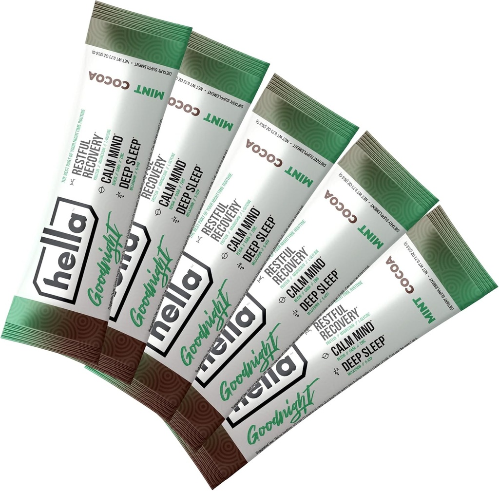Hella Goodnight- Restful Recovery, Melatonin Sleep Drink Mix with Magnesium, 5-HTP, Reishi, GABA eta Zinc, Nighttime Relaxation, Falling Asleep & Stay A sleep, Mint Cocoa