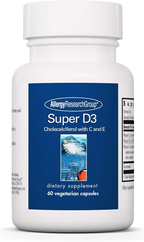 Allergy Research Group Super D3 Dietary Supplement - Bone & Immune Support, Cholecalciferol עם C & E, קפסולות צמחוניות, Gluten Free - 60 Count