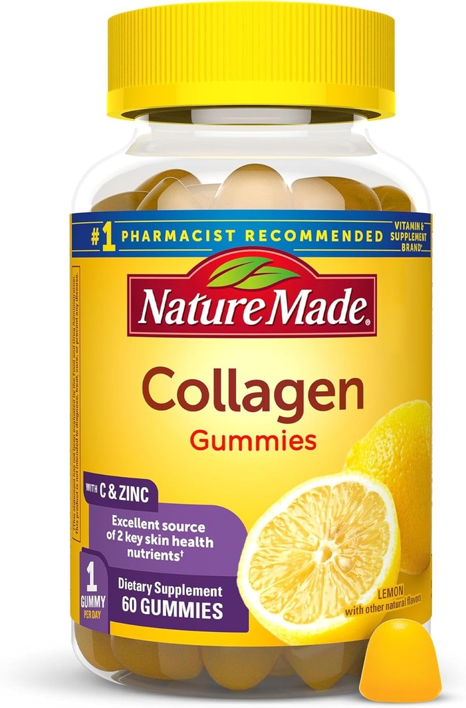 Nature Made Colagen Gummies cu vitamina C, zinc și biotină, hidrolyzed Colagen Peptides Supliment pentru suport sănătos de piele, 60 de gume, 60 de zile de aprovizionare