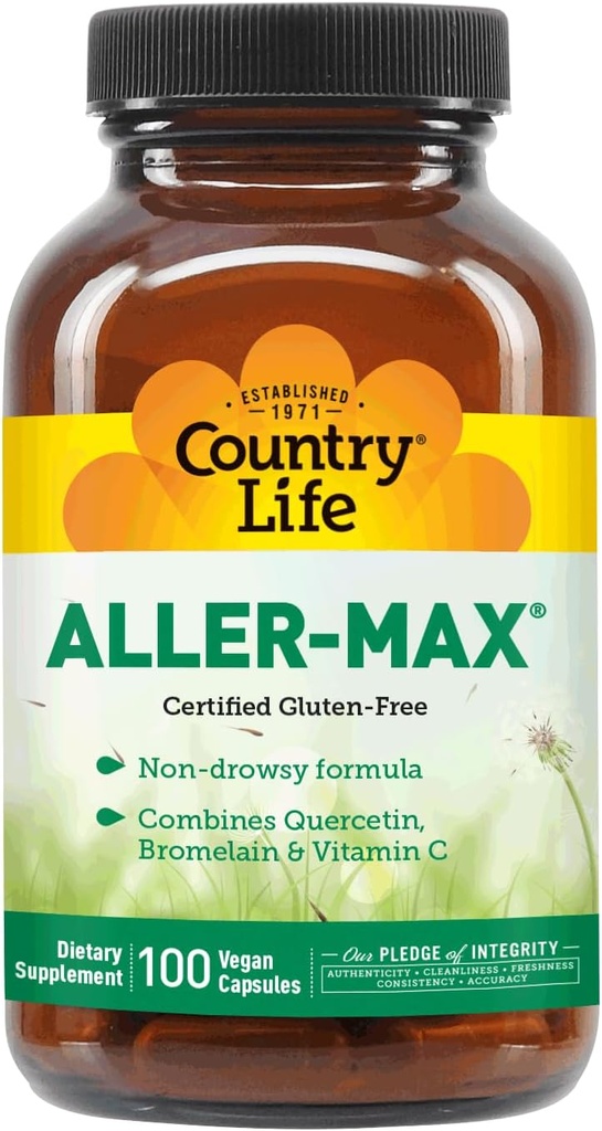 Country Life Aller-MAX - Quercetin Supplements with Bromelain - Immune Support with ויטמין C, Zinc, ו-Pibot - מוסמך Gluten-Free, Vegan Count (Pack of 1))