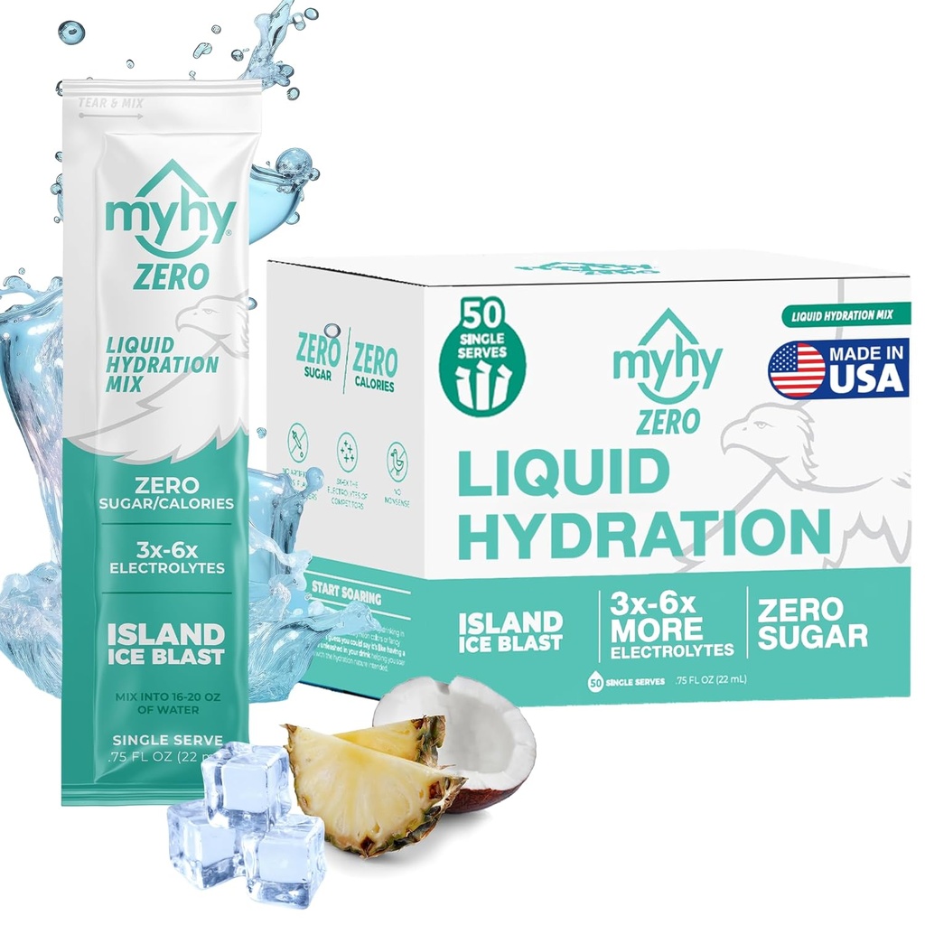 MyHy ZERO Flüssigkeits Hydration Packets, Sugar Free Elektrolyt Getränke Mix für Hydration Support, Dehydration Relief für Reisen, Schwangerschaft, Fitness, Bachelor & Bachelorette Party – Ice Island, 50 Count