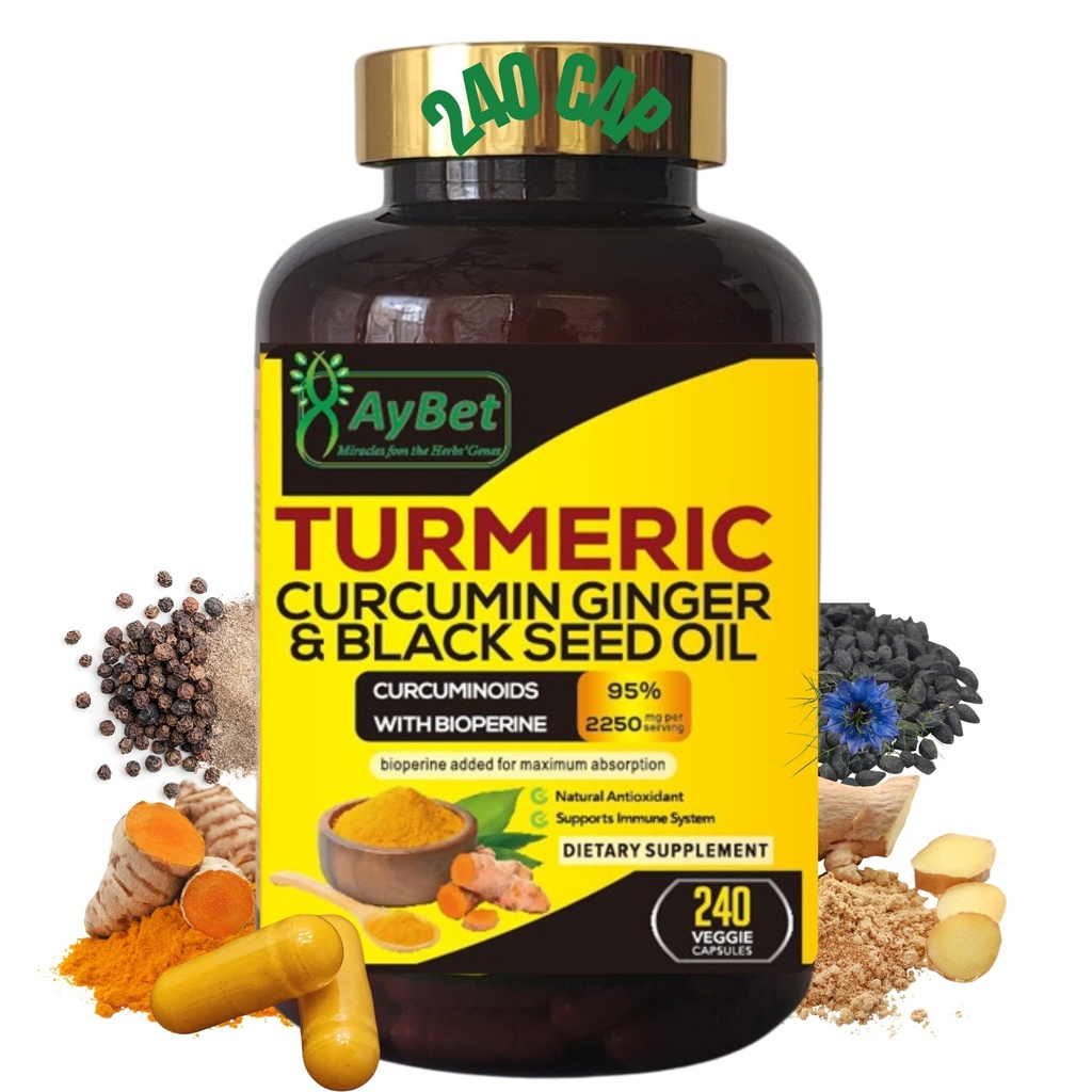 World 1st.Turmeric Curcumin Ginger&Black Seed Oil, 240 Caps, 2250mg, 95% Curcuminoids, BioPerin Added, Extra Strength, Organic, Halal, Vegan, Support Immune System, Antioxidant, Joint Support