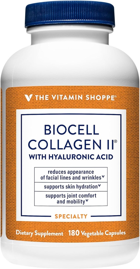 Vitamin Shoppe Biocell kollagen II med hyaluronsyre 1000mg - fremmer sunn hud, ledd og kartilasje - støtter Hydration & elastisitet - for daglig velvære (60 grønnsaker kapsler)