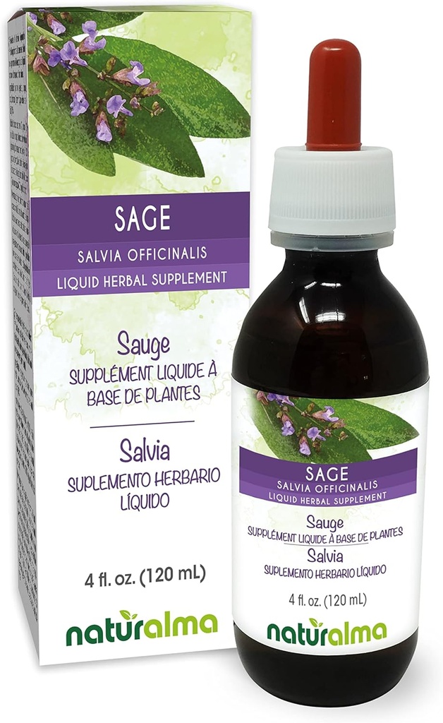 Naturalma Sage (Salvia officinalis) 잎 알콜 자유로운 Tincture - 하락에 있는 4개의 fl oz 액체 추출물 - 초본 보충교재 - Vegan