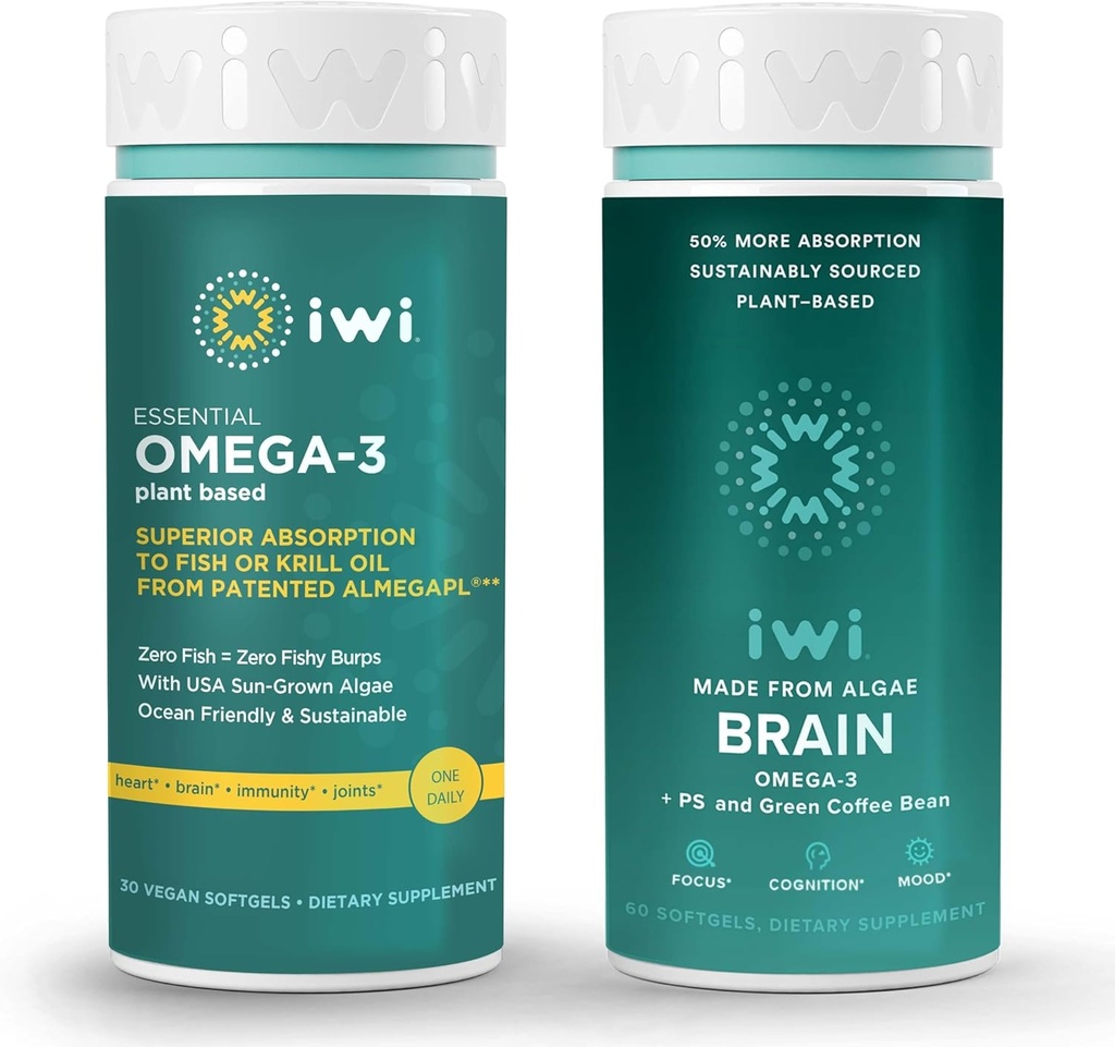 Iwi Omega-3 Essential & Brain Omega-3 Bundle, 30 Servings, Vegan Plant-Based Algae Omega 3 EPA + DHA, Krill & Fish Oil Alternative, No Fishy Aftertaste