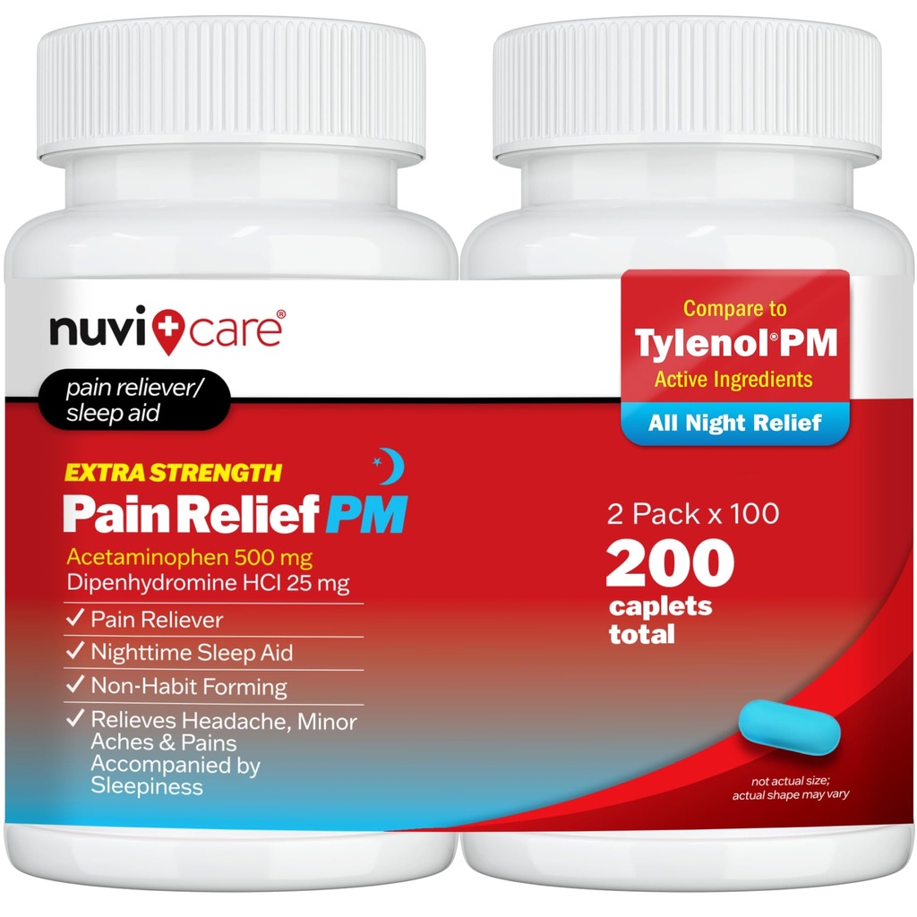 NUVICARE Pain Relief PM, Acetaminophen 500mg & Diphenhydramine 25mg, 2Pk | Compares to Tylenol PM; relieves nighttime aches, pains & headache while helping you fall asleep, extra strength, sleep aid