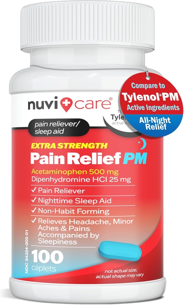 Extra Strength Sāpes Relief PM - Acetaminofēns 500mg & Difenhidramīns 25mg - Salīdzināt ar Tilenols PM Extra Strength Miega palīglīdzeklis - Pieaugušo PM sāpes Reliever nakts sāpes (100 tabletes)