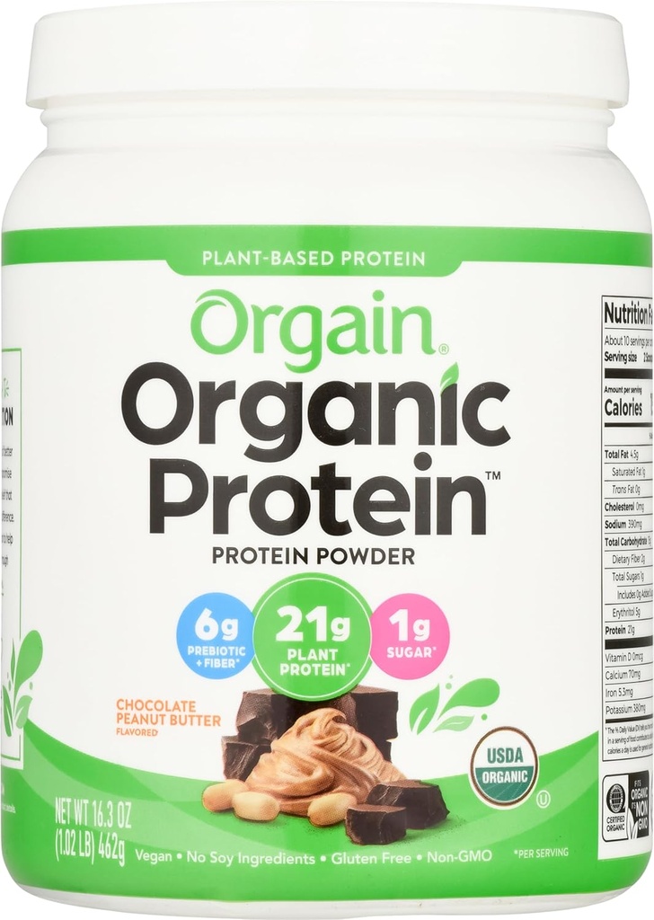 Orgain Organic Vegan Protein Powder, Chocolate Peanut Butter - 21 г растительного белка, низкочистые углеводы, немолочные, без глютена, без лактозы, без добавления сахара, без сои, кошерный, 1,02 фунта