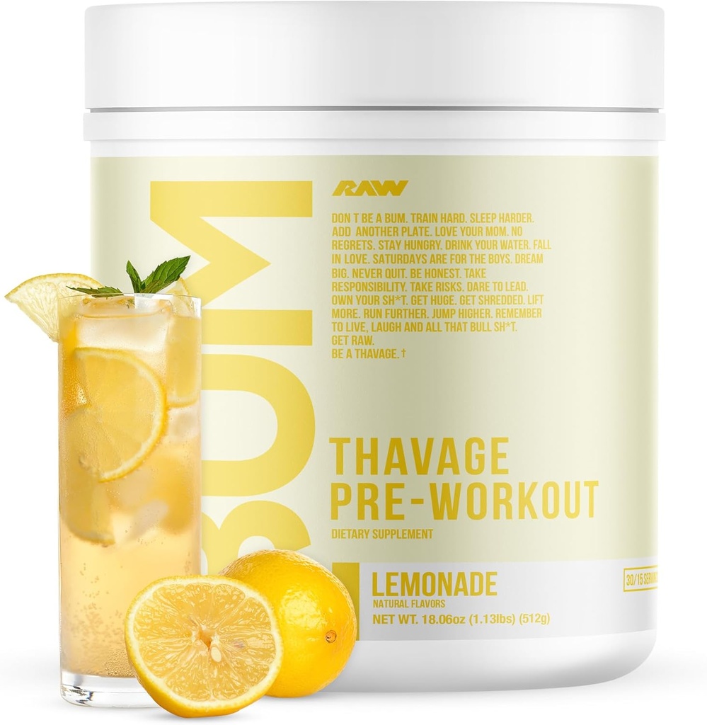RAW Pré Treino Pó, Thavage (Lemonade) - Chris Bumstead Sports Nutrition Supplement for Men & Women - Cbum Pré Exercício para Trabalhar, Hidratação, Mental Focus & Energy - 40 Servings